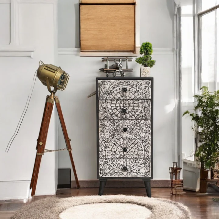 Solid Wood Hand Carved Chest of Drawers 5 Drawer Tall Boy Dresser Storage Cabinet