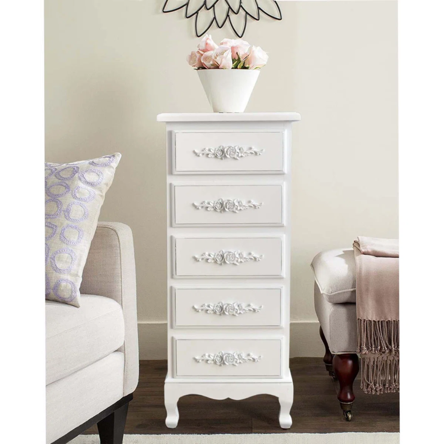 Solid Wood Chest of Drawers 5 Drawer White Dresser Storage Cabinet for Bedroom