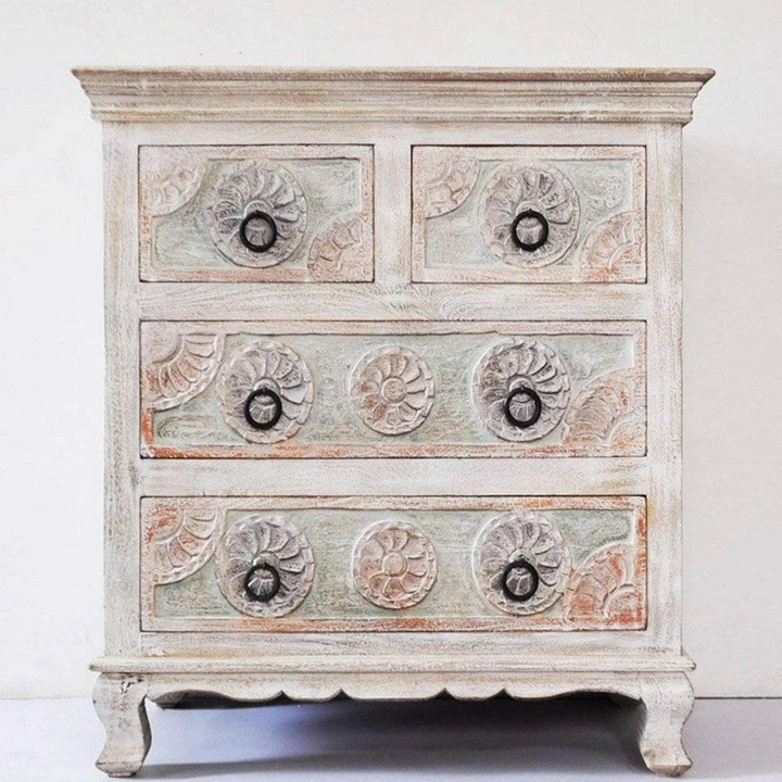 Mango Wood Hand Carved Chest of Drawers – 4 Drawer White Distressed Solid Wood Dresser