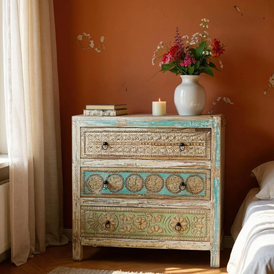 Mango Wood Hand Carved Chest of Drawers – 3 Drawer Solid Wood Dresser Chest