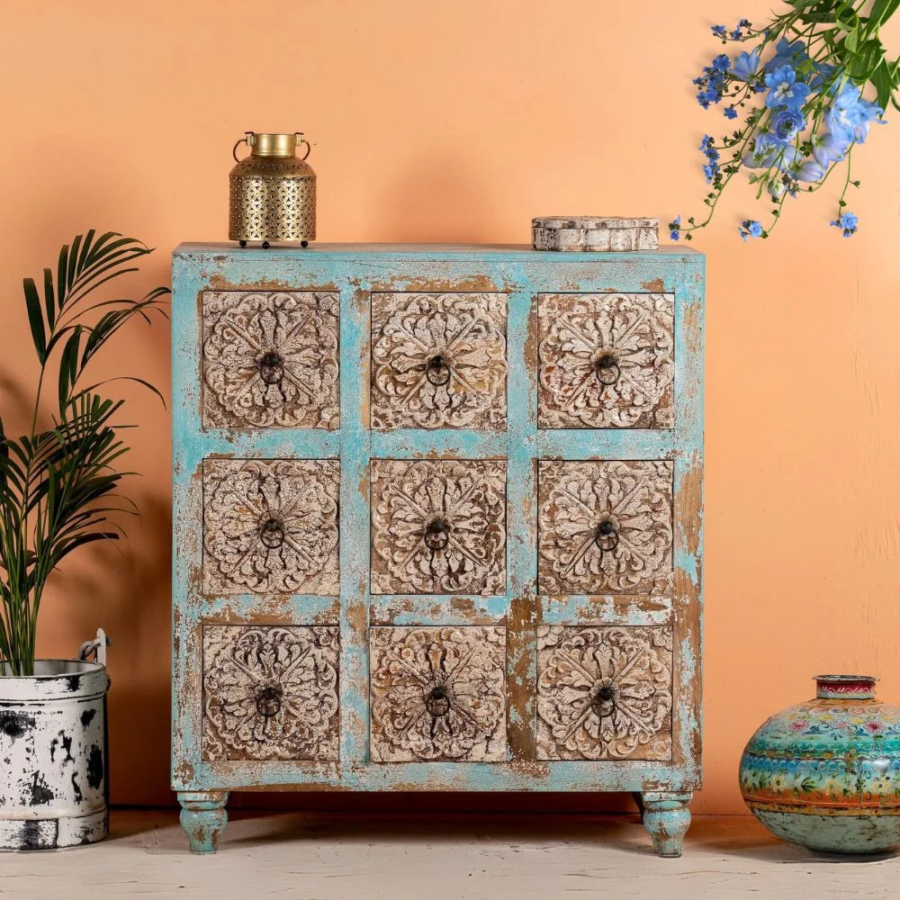 Mango Wood Hand Carved Chest of Drawers – 9 Drawer Solid Wood Dresser Chest