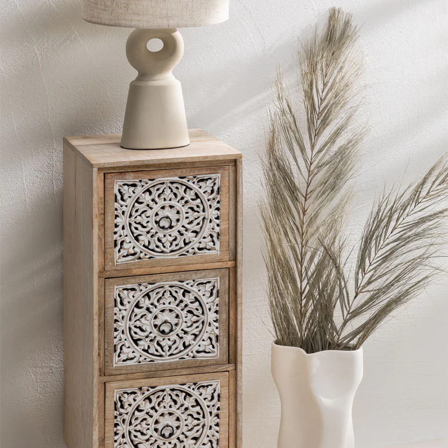 Mango Wood Hand Carved Chest of Drawers – 3 Drawer Tall Boy Solid Wood Dresser