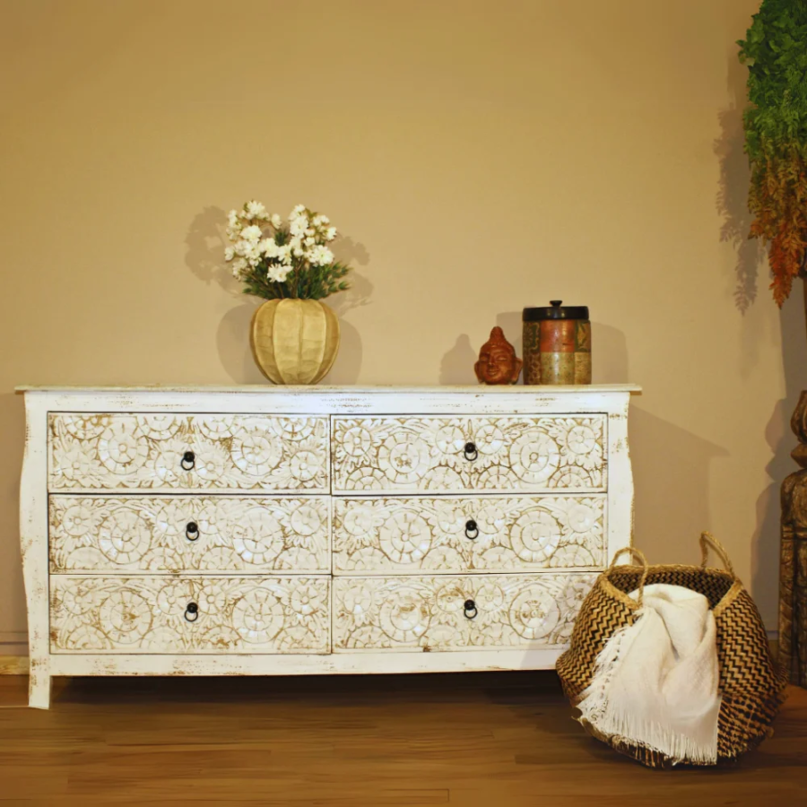 Mango Wood Hand Carved Chest of Drawers – 6 Drawer Solid Wood Dresser Chest