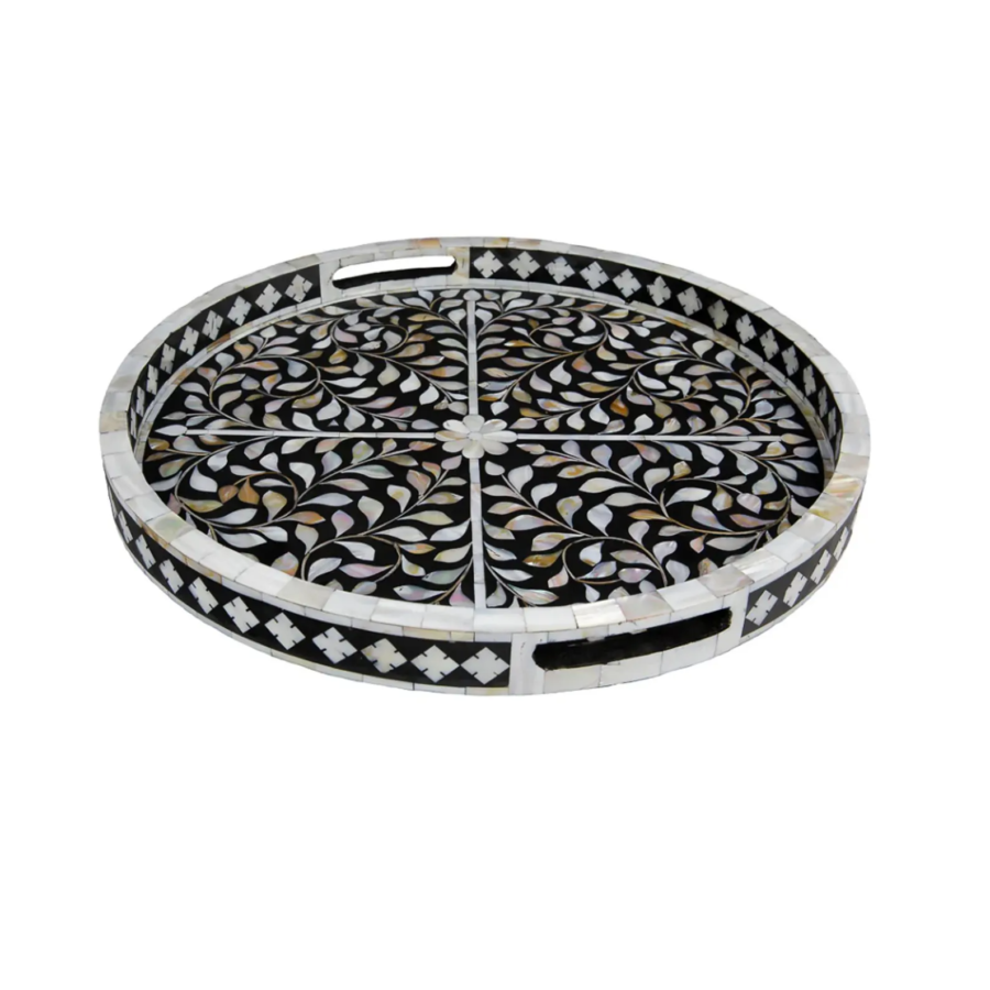Mother of Pearl Round Serving Tray – Black Floral Inlay Decorative Tray