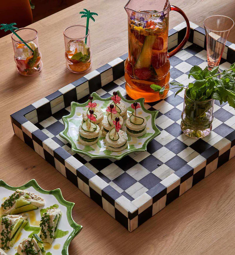 Bone Inlay Rectangular Serving Tray – Black & White Checks Decorative Tray