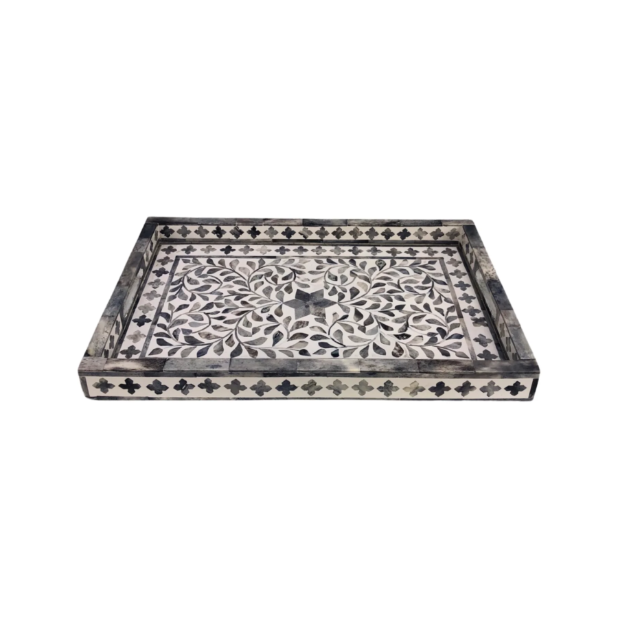 Bone Inlay Rectangular Serving Tray – Grey Floral Design Decorative Tray