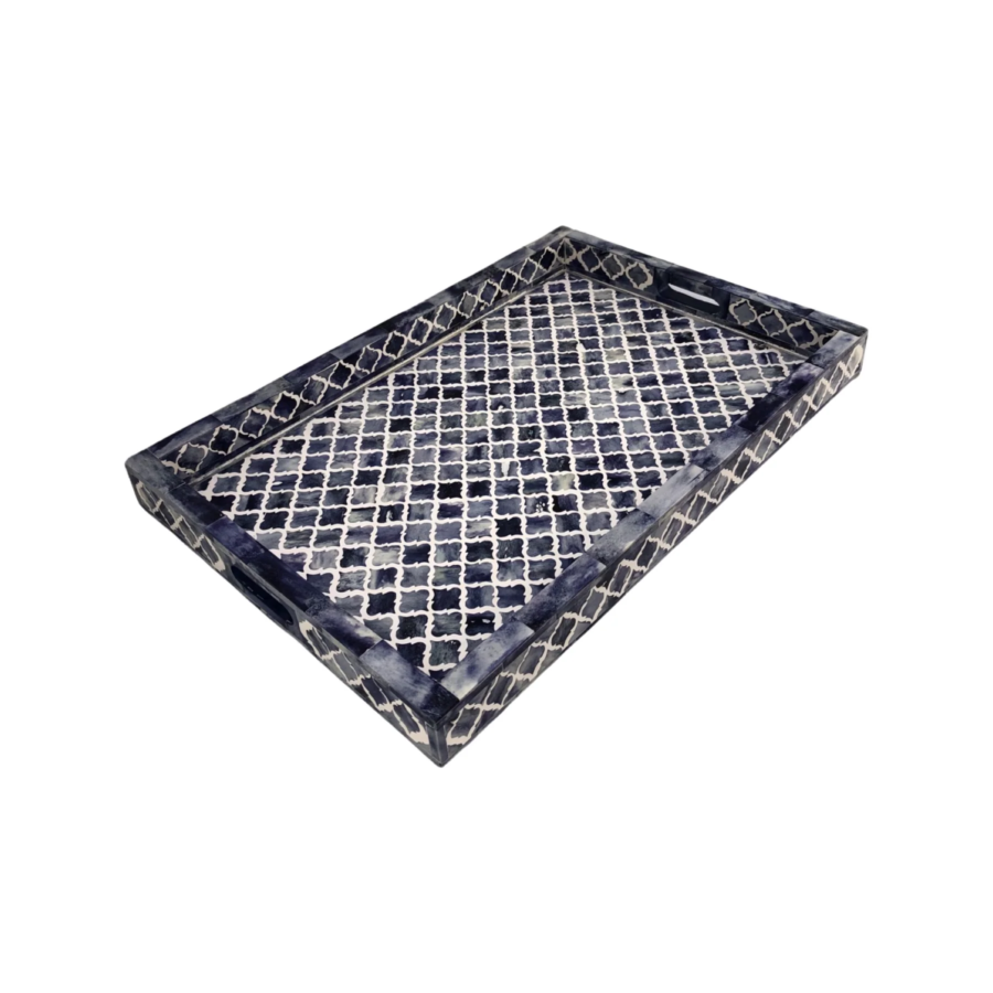 Bone Inlay Rectangular Serving Tray – Indigo Diamond Floral Decorative Tray