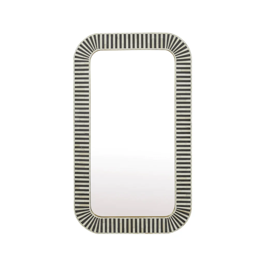 Bone Inlay Wall Mirror – Black & White Waterfall Design Curved Edge Decorative Mirror