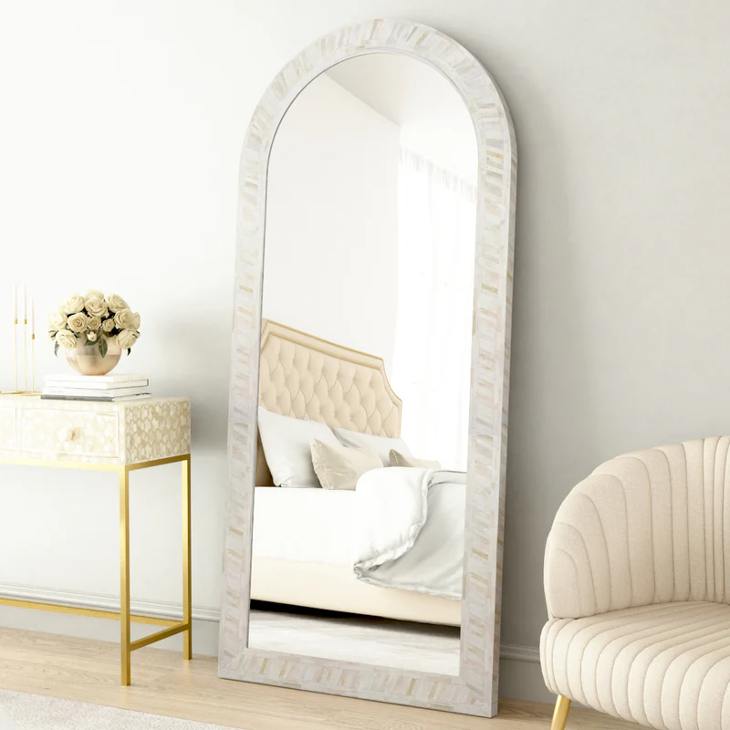 Bone Inlay Floor Mirror – White Arched Full Length Decorative Mirror