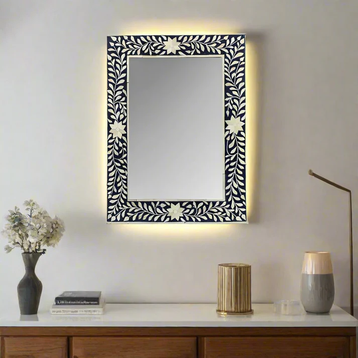 Bone Inlay Wall Mirror – Black Floral Rectangular Decorative Mirror