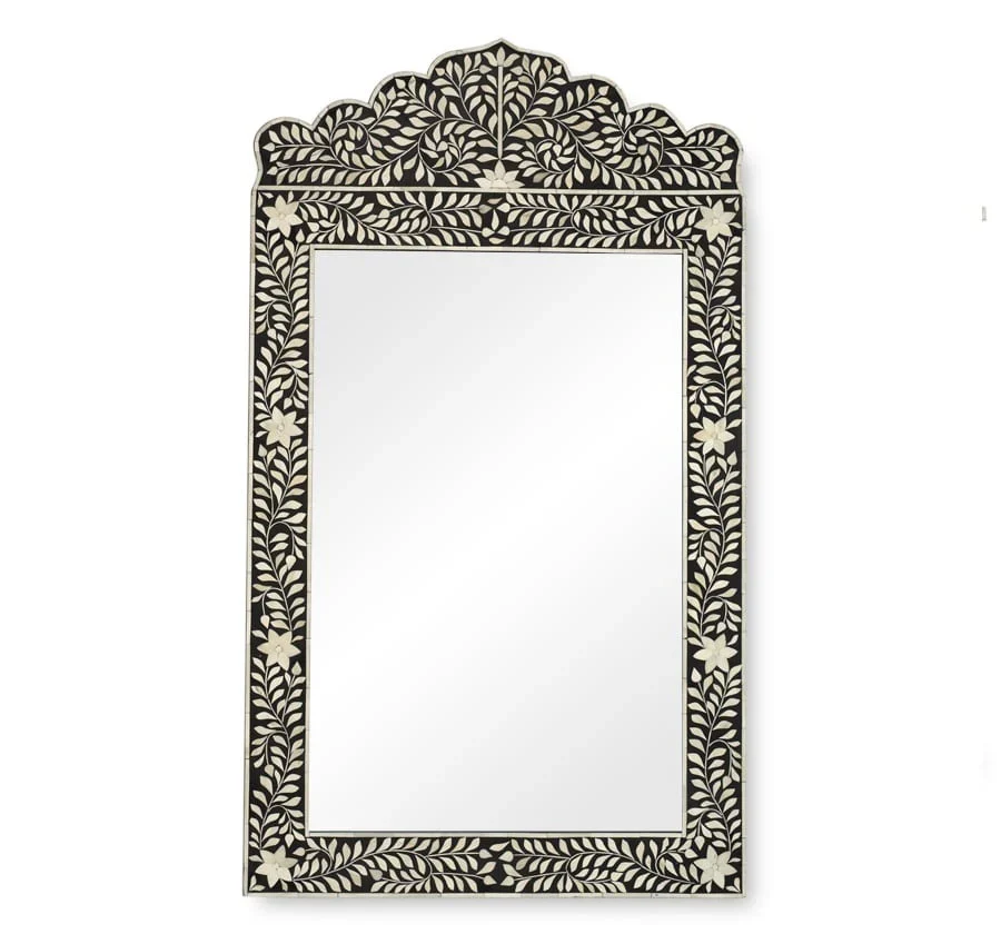 Bone Inlay Wall Mirror – Black Floral Crested Shape Decorative Mirror