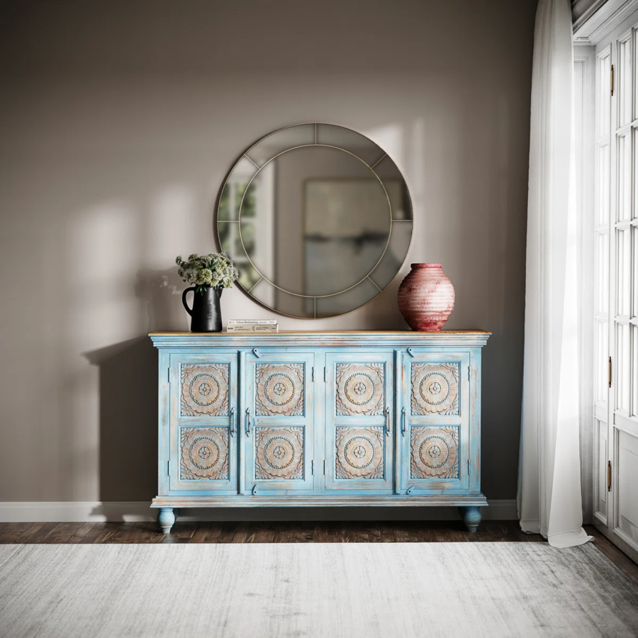 Solid Wood Hand Carved Sideboard 4 Door – Blue Distressed Finish Storage Cabinet