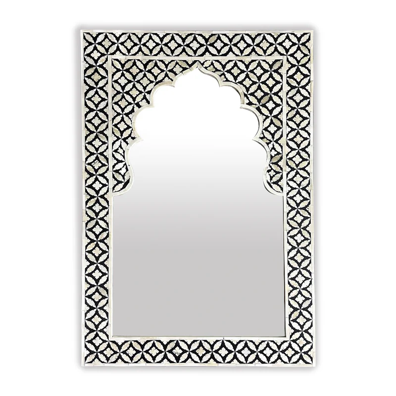 Bone Inlay Wall Mirror – Black Mughal Arch Jharoka Decorative Mirror