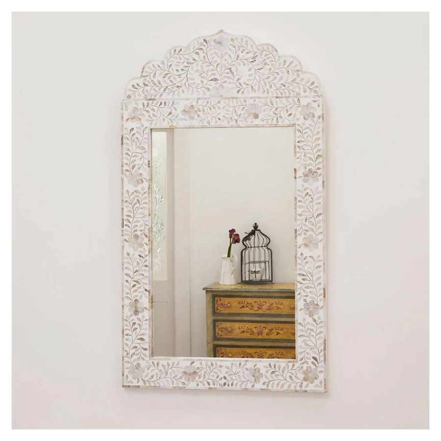 Mother of Pearl Inlay Mirror – White Floral Crested Shape Decorative Mirror