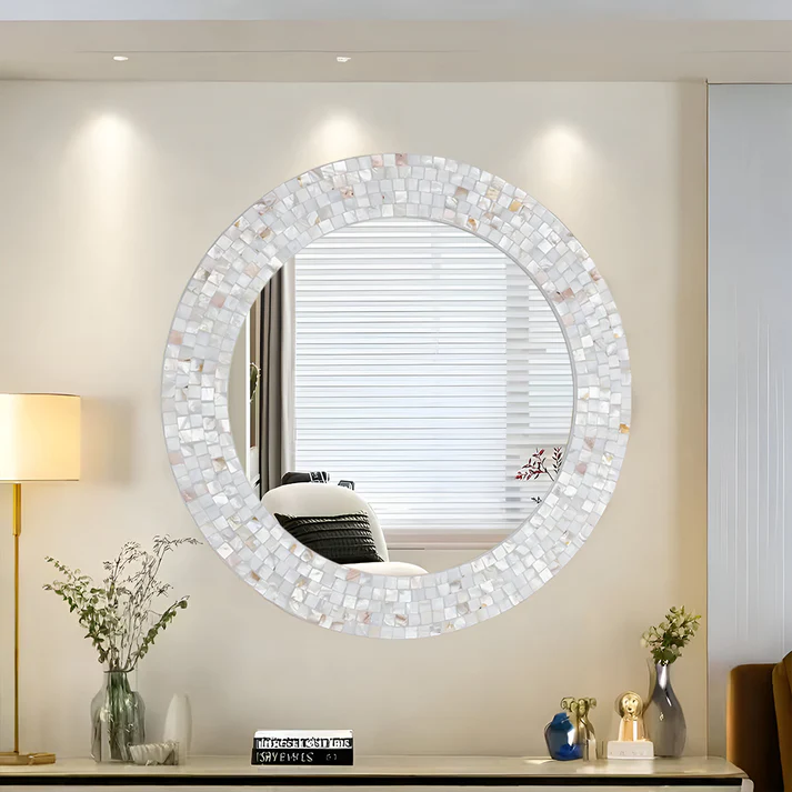 Mother of Pearl Round Wall Mirror – White Decorative Wall Mirror
