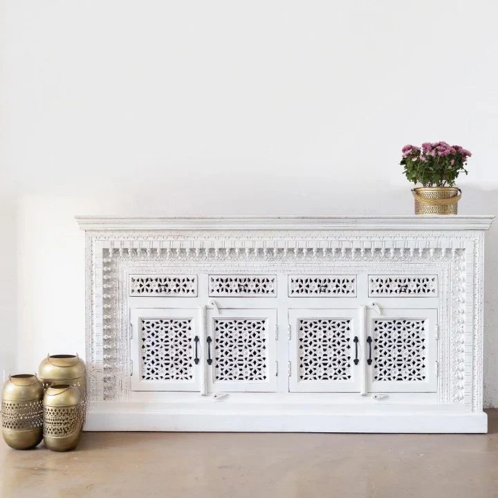 Mango Wood Hand Carved Sideboard 4 Door 4 Drawers – White Distressed Finish Cabinet