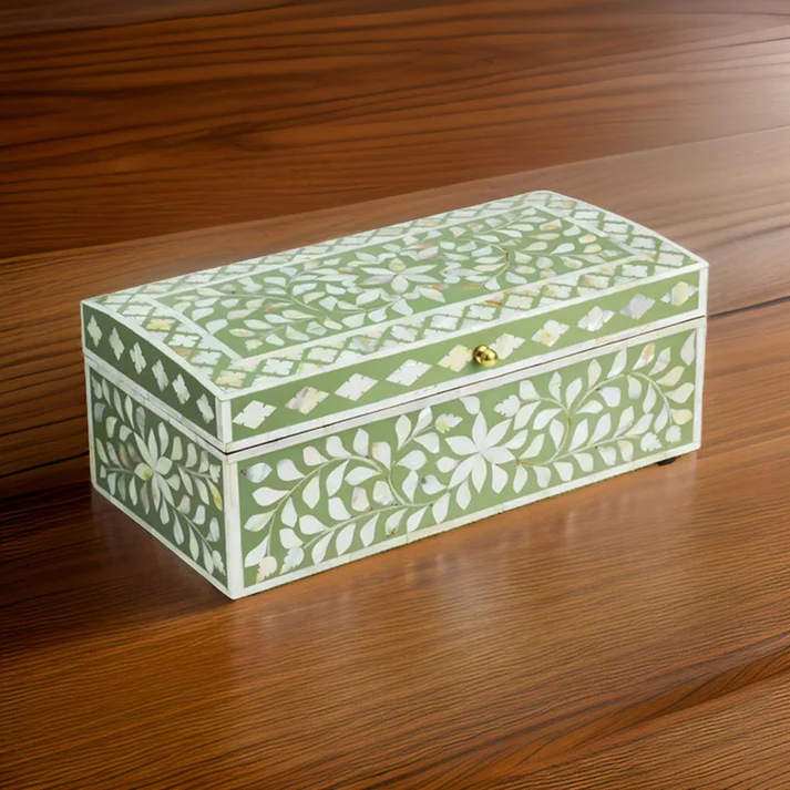 Mother of Pearl Inlay Rectangular Jewellery Box – Green Floral Decorative Storage Box