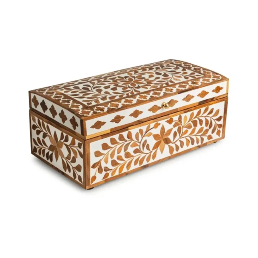 Bone Inlay Rectangular Jewellery Box – Brown Floral Decorative Storage Box