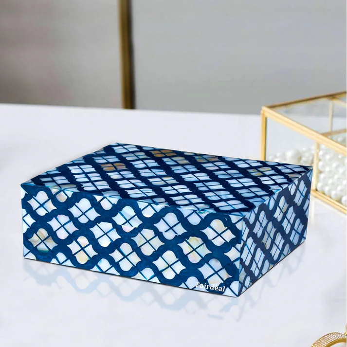 Mother of Pearl Inlay Rectangular Jewellery Box – Blue Decorative Storage Box