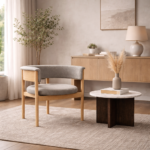 Oak Wood Boucle Fabric Arm Chair – Modern Upholstered Accent Chair - Image 7