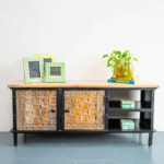 Mango Wood Industrial Hand Carved TV Unit – 2 Door Media Console with Open Shelves