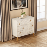 Solid Wood Embossed Hand Carved Chest of Drawers 3 Drawer Dresser Chest Off White Finish - Image 19