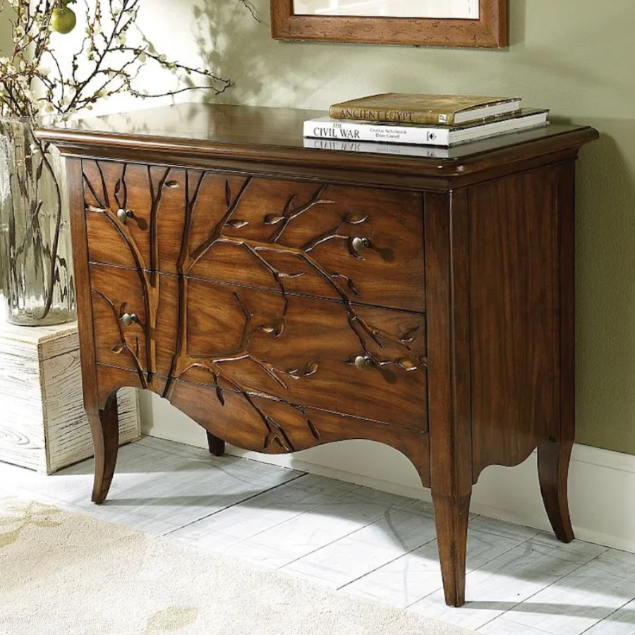 Mango Wood Hand Carved Chest of Drawers – 2 Drawer Tree Design Solid Wood Dresser