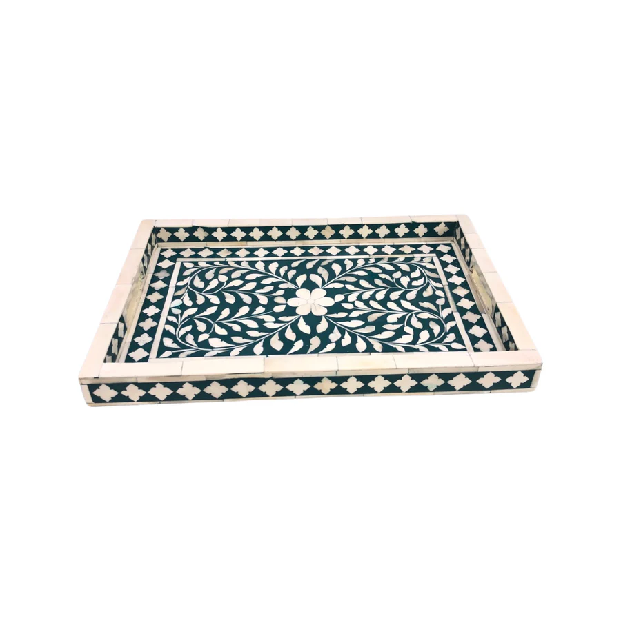 Bone Inlay Rectangular Serving Tray – Green Decorative Tray for Home Décor