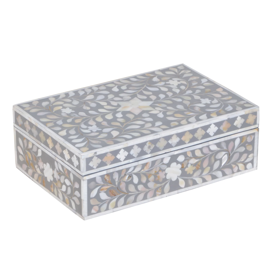 Mother of Pearl Inlay Rectangular Jewellery Box – Grey Floral Decorative Storage Box