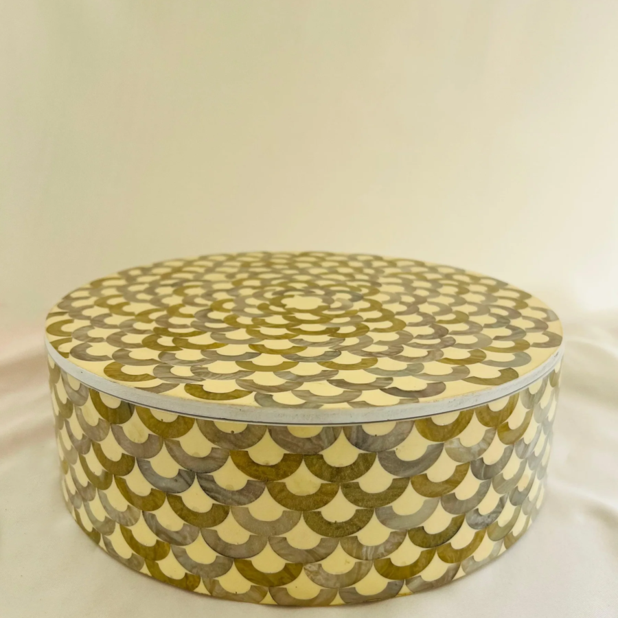 Mother of Pearl Inlay Round Jewellery Box – Grey & Yellow Decorative Storage Box