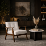 Mid Century Faux Leather Arm Chair – Walnut Wood Accent Chair - Image 4