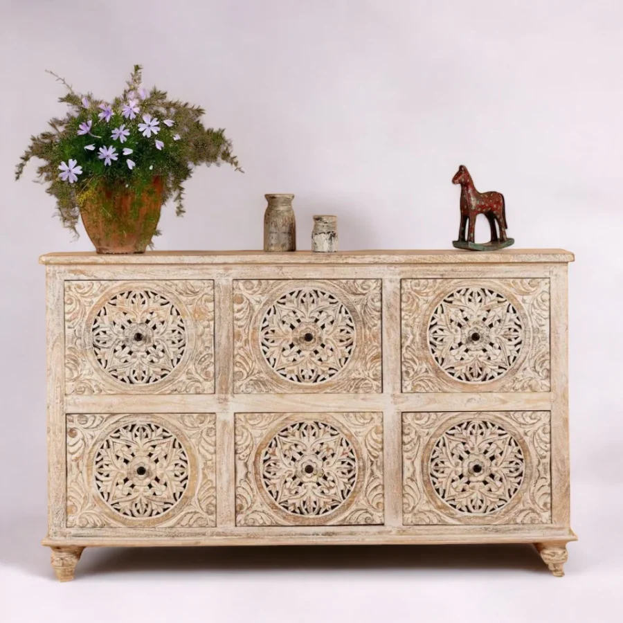 Mango Wood Hand Carved Chest of Drawers 6 Drawer Natural Finish Sideboard Cabinet