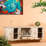 Mango Wood Hand Carved TV Unit Natural Finish Media Cabinet for Living Room - Image 2