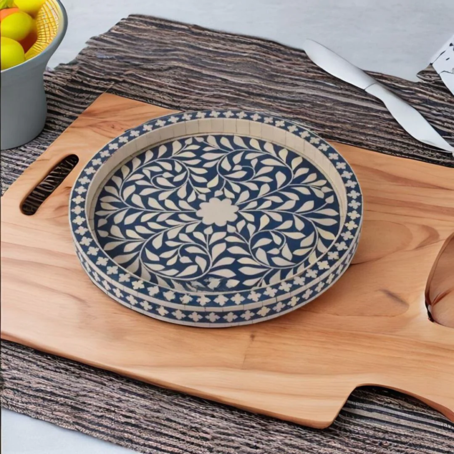 Bone Inlay Round Serving Tray – Indigo Floral Decorative Serving Tray