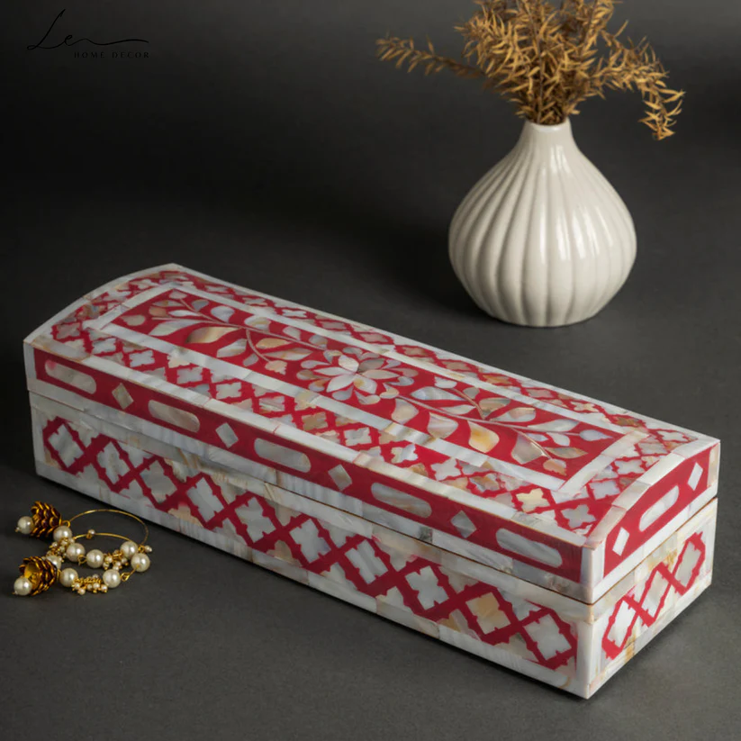 Mother of Pearl Inlay Rectangular Jewellery Box – Red Floral Decorative Storage Box