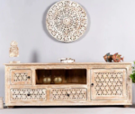 Mango Wood Hand Carved TV Unit White Distressed Media Console Cabinet for Living Room - Image 4