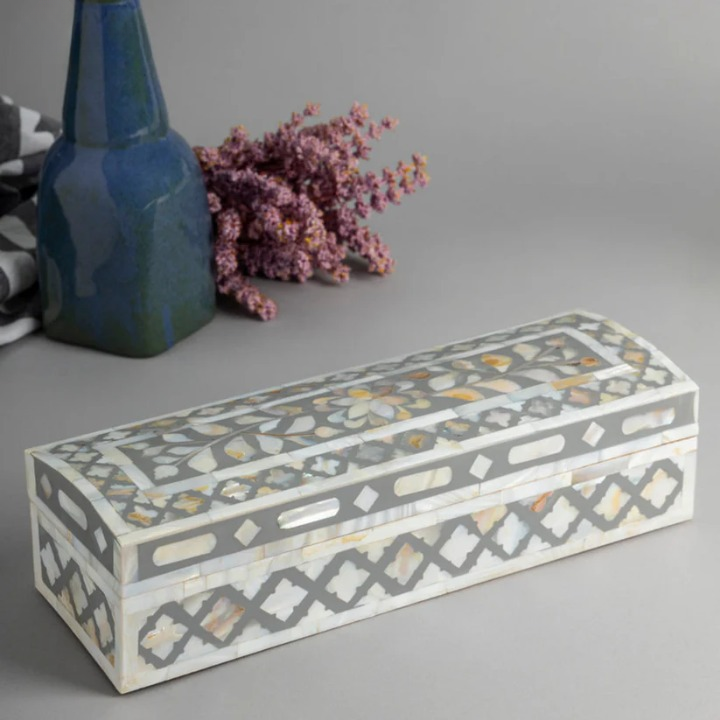 Mother of Pearl Inlay Rectangular Jewellery Box – Grey Floral Decorative Storage Box