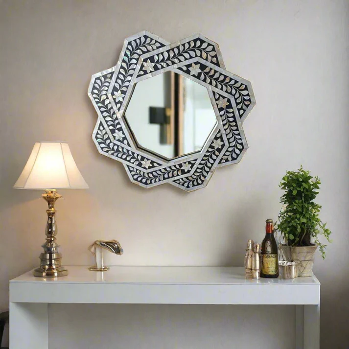 Mother of Pearl Inlay Hexagonal Wall Mirror – Black Floral Decorative Mirror