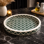 Bone Inlay Round Serving Tray – Black Honeycomb Design Decorative Tray