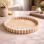 Bone Inlay Round Serving Tray – White & Brown Stripe Design Decorative Tray - Image 2