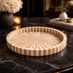 Bone Inlay Round Serving Tray – White & Brown Stripe Design Decorative Tray