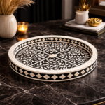 Bone Inlay Round Serving Tray – Black Floral Decorative Serving Tray