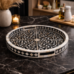 Mother of Pearl Round Serving Tray – Black Floral Inlay Decorative Tray