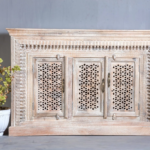 Mango Wood Hand Carved Sideboard Jali Design – Natural Finish Solid Wood Storage Cabinet