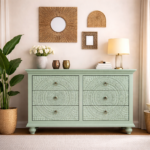 Mango Wood Hand Carved Chest of Drawers 6 Drawer Dresser Chest Teal Green Finish