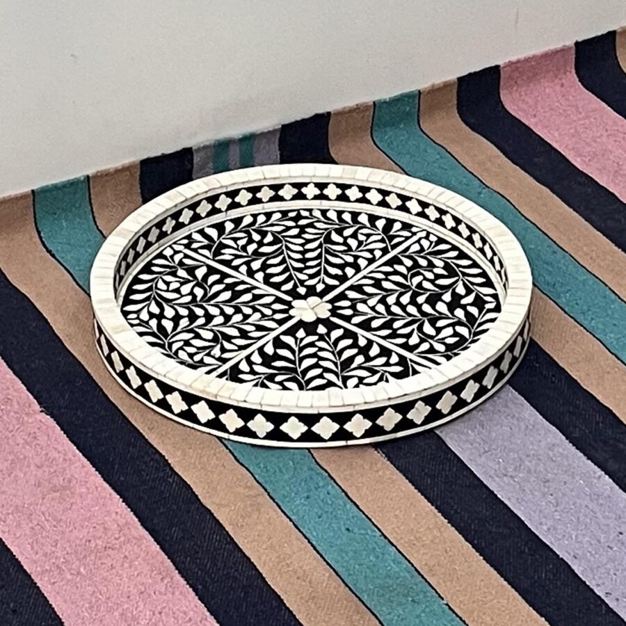 Bone Inlay Round Serving Tray – Black Floral Decorative Serving Tray