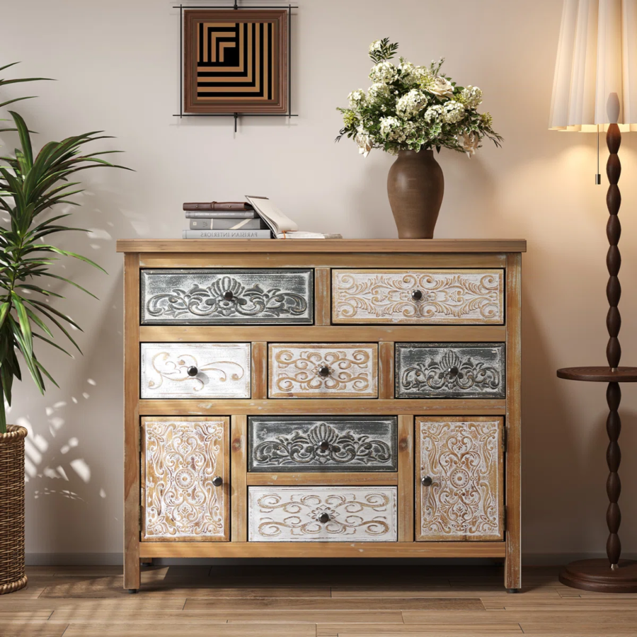 Solid Wood Hand Carved Chest of Drawers – 7 Drawer & 2 Door Storage Dresser