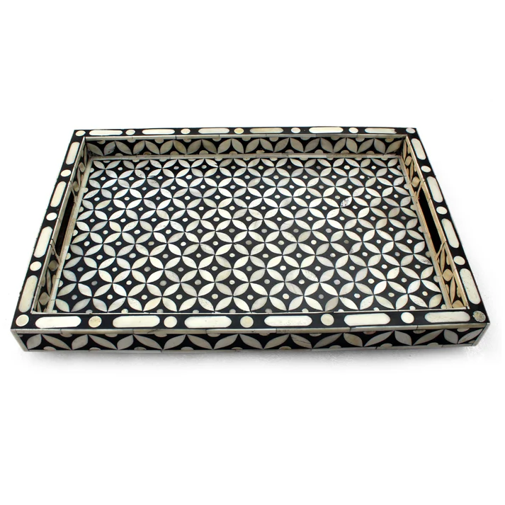 Bone Inlay Rectangular Serving Tray – Black & White Diamond Design Decorative Tray