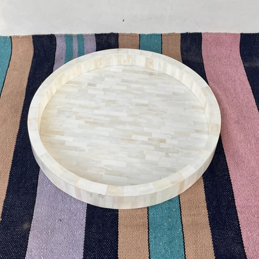 Bone Inlay Round Serving Tray – Off White Decorative Tray for Home Décor