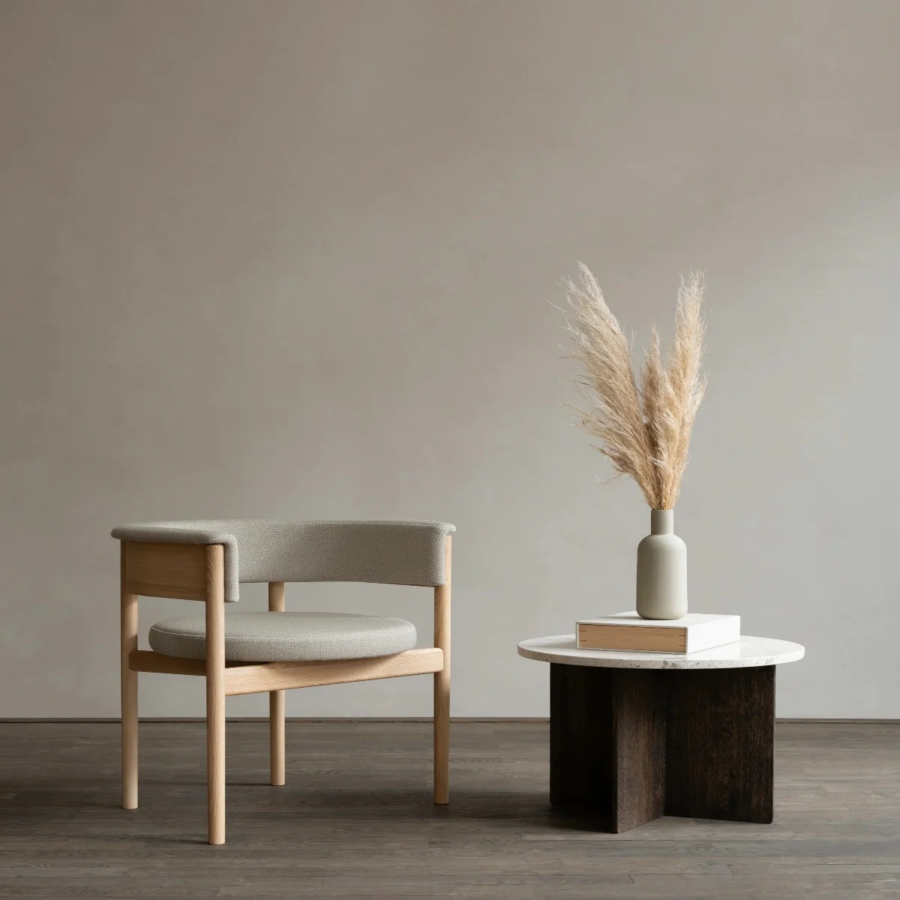 Oak Wood Boucle Fabric Arm Chair – Modern Upholstered Accent Chair